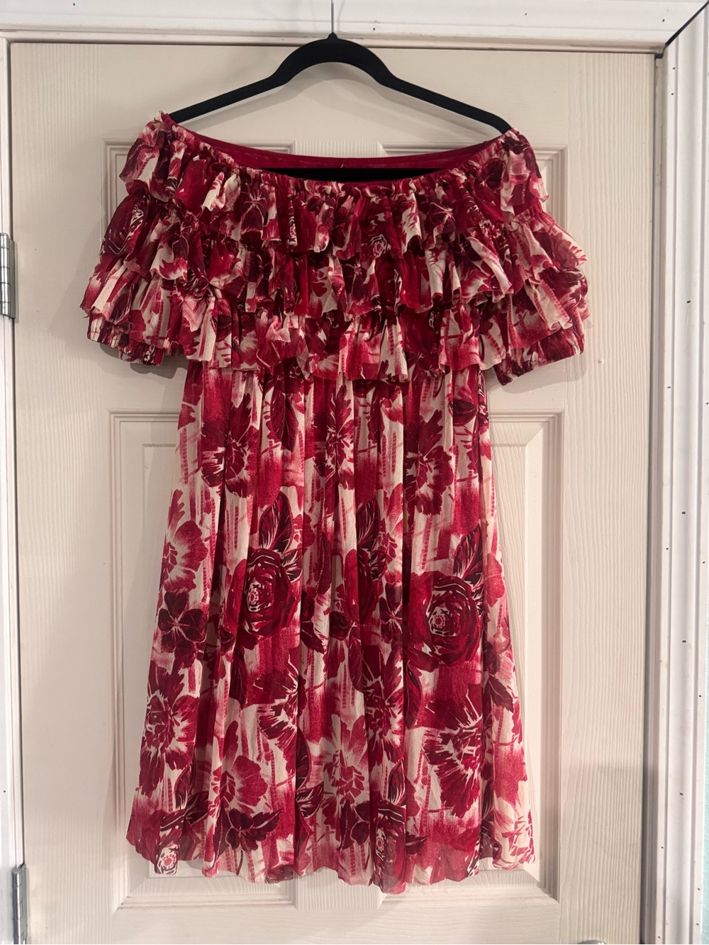 Jean Paul Gaultier Red and White Floral Ruffle Off-Shoulder Dress